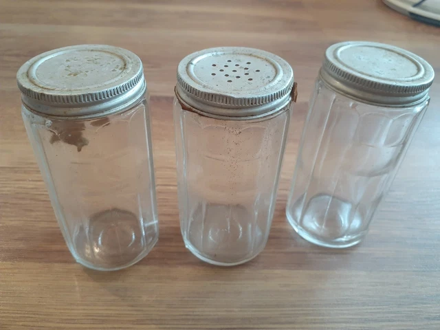 Hoosier Cabinet Clear Glass Mission Spice Jar with Tin Lid 4-1/4" Tall Set Of 3