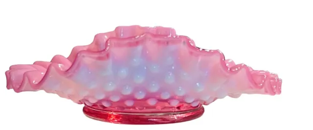 Fenton vintage opalescent pink and white hobnail dish, ruffled top, 6" diameter