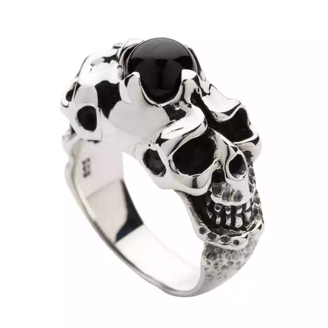 Black Onyx Skull 925 Sterling Silver Mens Band Ring New Gothic Biker Jewelry