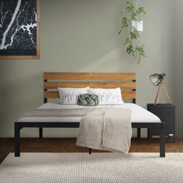 Cama metálica negra con cabecero de madera marrón, somier de acero 140x200 cm