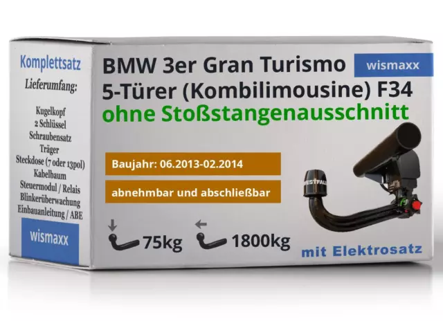 AHK für BMW 3er F34 Gran Turismo 13-14 abnehmbar WESTFALIA +13pol E-Satz ABE
