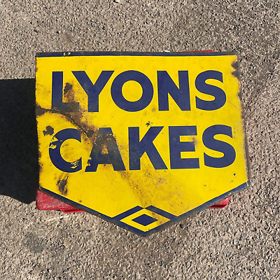 Vintage Original Lyons' Cakes Double Sided Enamel Sign With Wall Bracket/ Flange