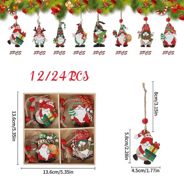 12/24x Christmas Santa Claus Ornaments Xmas Tree Hanging Decor Wooden Pendant