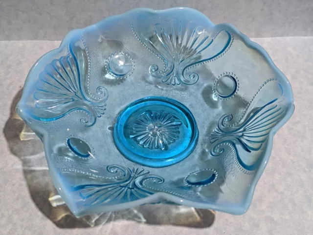 Jefferson Blue Opalescent Jewel & Fan 7.75" Ruffled Bowl - Mid Century Art Glass