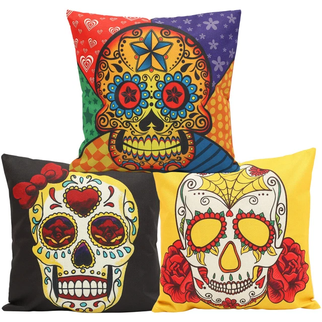 Funda de almohada de lino de algodón para Halloween calavera funda de almohada cómoda