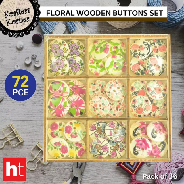 Krafters Korner [72PCE] Floral Wooden Button Assorted Design for DIY Sewing