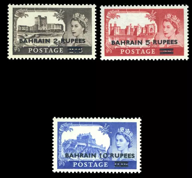 Bahrain 1955 QEII Surcharges set complete MNH. SG 94-96. Sc 96-98.