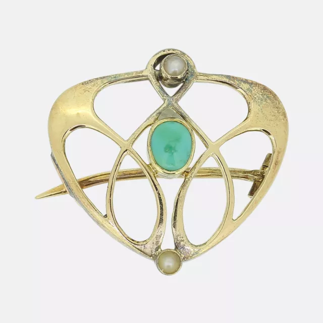 Murrle Bennett Art Nouveau Turquoise and Pearl Brooch 15ct Yellow Gold