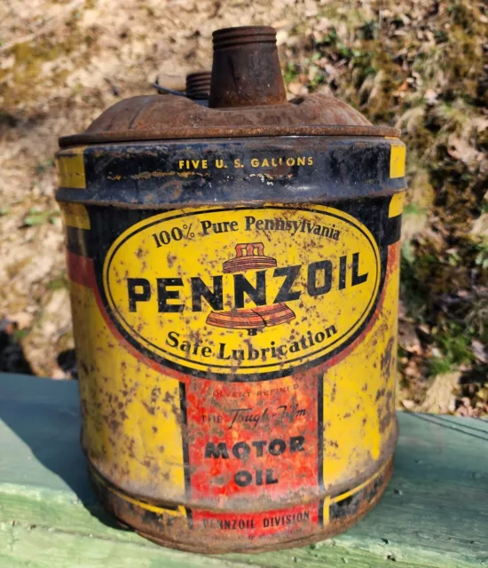 VINTAGE 5 GALLON PENNZOIL MOTOR OIL CAN Wood Handle 15 x 11 OLD Decor Man Cave