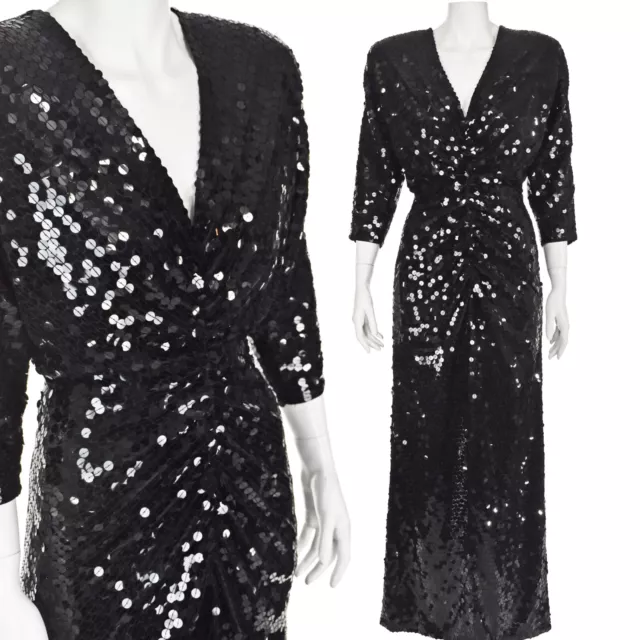 OLEG CASSINI 1980s Sexy Black Sequined Evening Dress w Keyhole Back SIZE 6