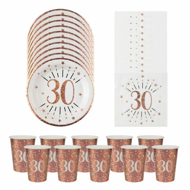 30th Birthday Party Pack | Rose Gold Tableware Plates Napkins Cups x10pc