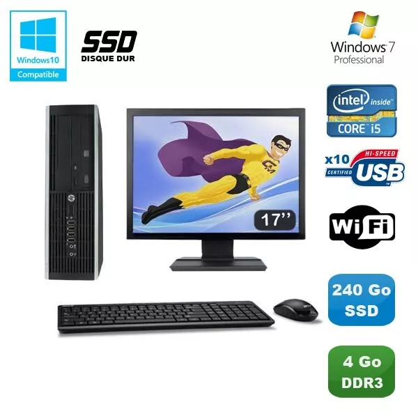 Lot PC HP Elite 8100 SFF Intel Core i5 3.2GHz 4Go 240Go SSD Graveur WIFI W7 +17