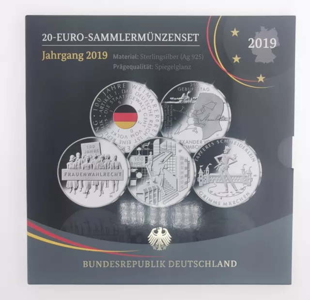 BRD - 5 x 20 Euro Sammlermünzen Set 2019 - Sterlingsilber Spiegelglanz OVP