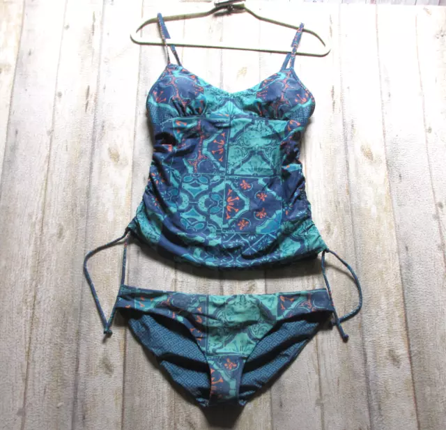 Prana Tankini Swim Suit Womens Medium Blue Boho Print Two Piece Beach Travel