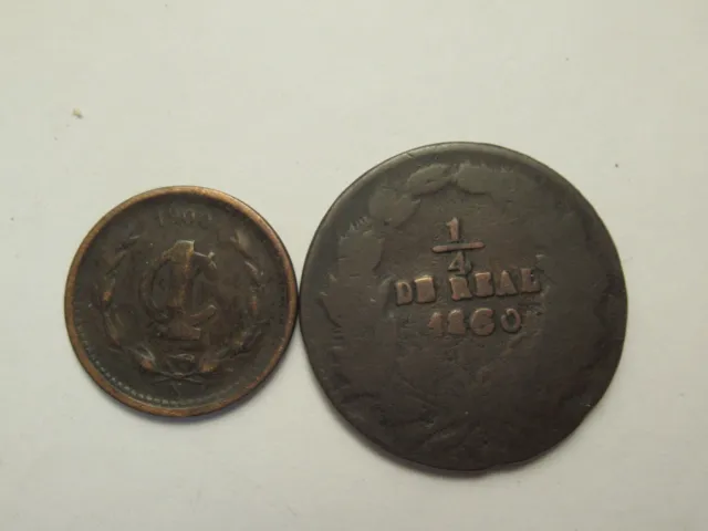 TWO Mexico Coins, 1860 Chihuahua 1/4 Real & 1900 1 centavos