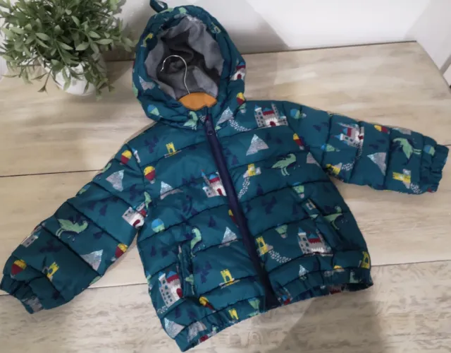 JOHN LEWIS Coat Age 12-18 Months Green Dinosaur Print Puffer padded Jacket