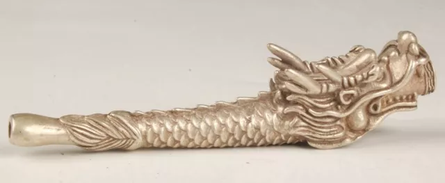 Chinese Tibetan silver hand-carved dragon smoking pipe