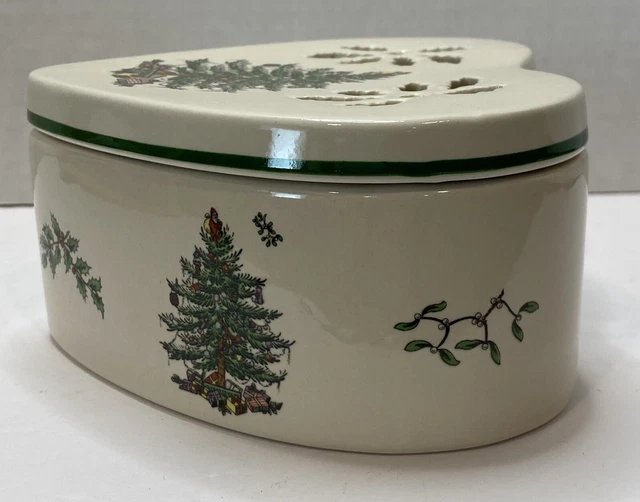 SPODE Christmas Tree Pierced Heart Shaped Porcelain Trinket Jewelry Box w/Lid 9