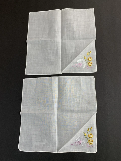 Lot 2 Vintage Embroidered Yellow Purple Gold Flowers Hankie Handkerchief 10” NOS