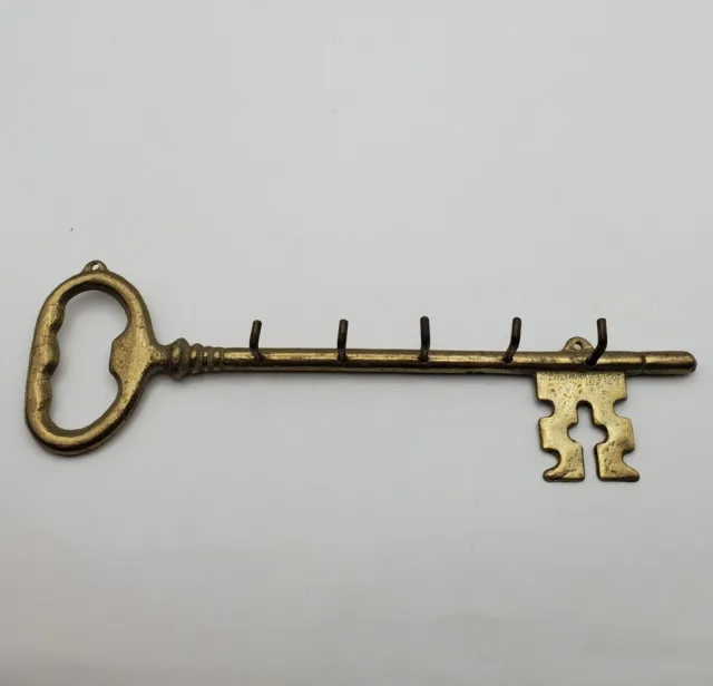 Vintage Brass Skeleton Key Shaped Key Holder Coat Hanger 5 Hook Wall Decor