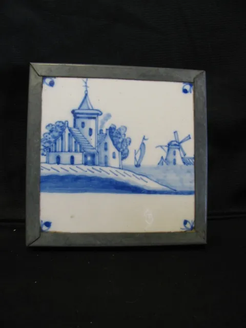 Antique 5" Square Delft Blue Framed Westraven Utrecht Tile Ship Windmill Church