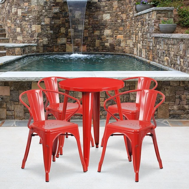 DuraCommercial Grade 24" Round Red Metal Indoor/Outdoor Table Set w/4 Arm Chairs