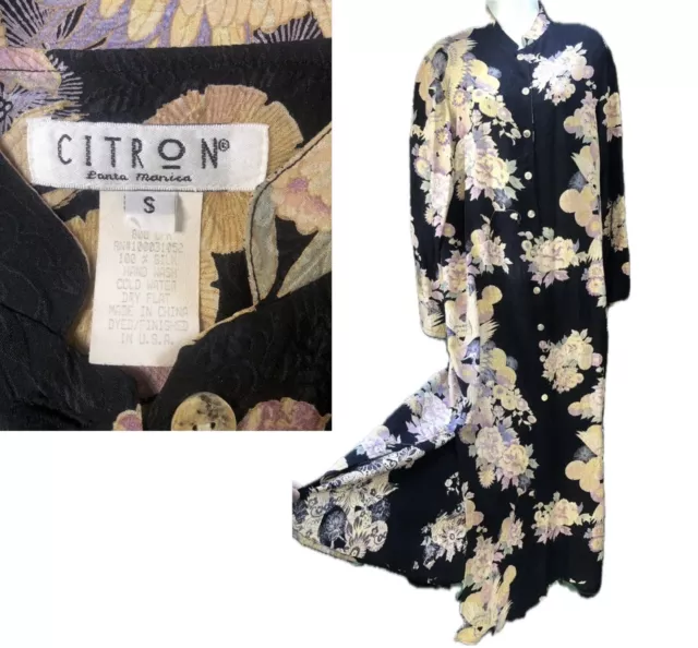 Flawless CITRON Santa Monica 100% Silk Asian Floral Maxi Dress S-M Art To Wear