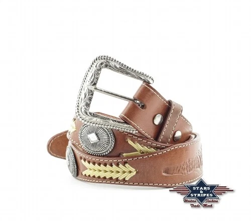 Ceinture Western En Cuir STARS & STRIPES - Marron, 100% Cuir De Vache - Neuf Avec étiquettes