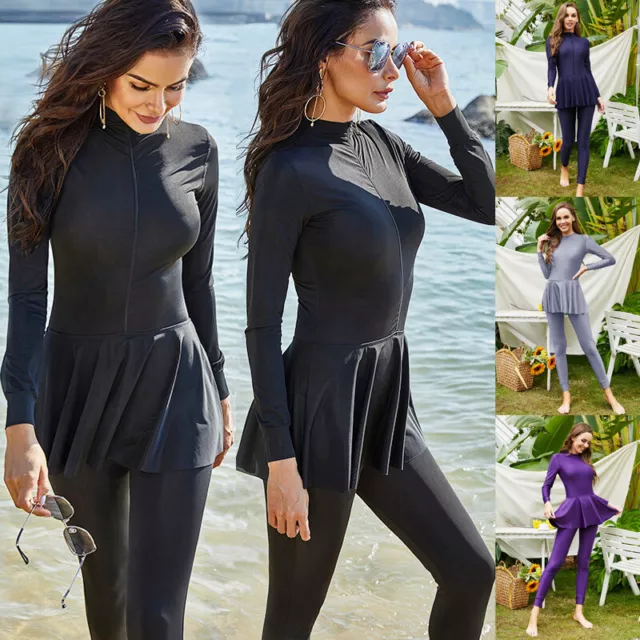 Women Modest Swimsuit Long Sleeve Burkini Full Cover Muslim Swimwear One-piece