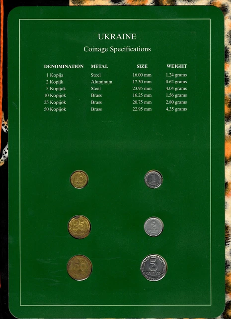Coin Sets of All Nations Ukraine UNC 1,5,25,50 Kopijoks 1992 2,10 Kopijoks 1994 2