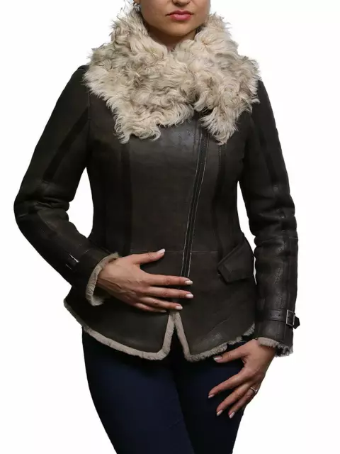 Womens Spanish Merino Genuine Shearling Sheepskin Leather Fur Flying Brown