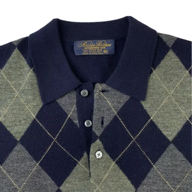 VTG 90's XL Brooks Brothers Merino Wool Argyle Print Collared Sweater 2