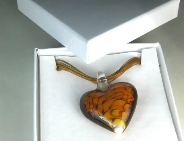 hand blown glass pendant necklace heart brown Murano style boxed   Ribbon  18"