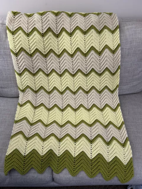 Vintage Hand Made Crochet  Afghan Throw Blanket  56” X 81”   Green Yellow LARGE