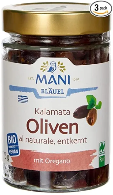 28,55 €/kg MANI ΜΑΝΙ olive Kalamata, al naturale, sventrate, biologiche, 3x175 g