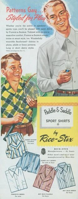 1949 Rice Stix Paddle Saddle Sport Shirts Badminton PJs  Vtg Print Ad C15
