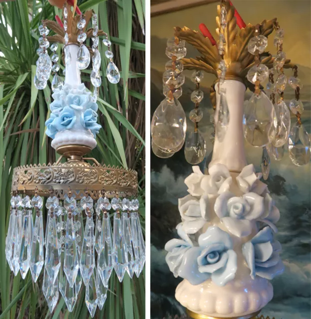 Porcelain blue cabbage Rose Brass chandelier Swag vintage lamp crystal prism