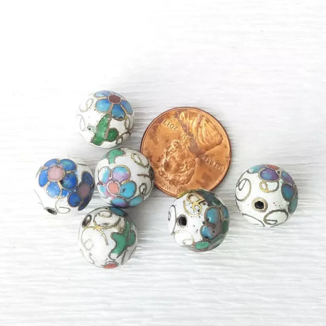 Vintage White with Mixed Color Flower Cloisonne Chinese Enamel 12mm 6Beads  2
