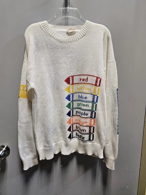 Vtg 70s All Over Print Sweater Renee Kiesewetter Teacher Children Pencil Ruler