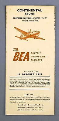 Bea British European Airways Advance Timetable Continental Routes October 1951