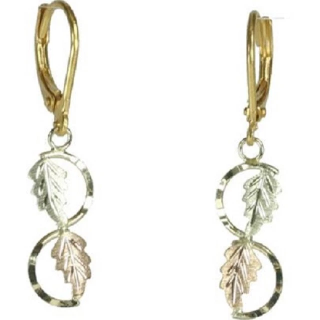 10k black hills gold two leaf drop dangle lever back earrings