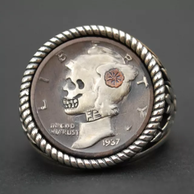 1937 Mercury Dime Hobo Nickel Style Skull Face Zombie Coin Sterling Silver Ring