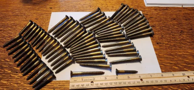 Lot of 76 Vintage Brass wood Screws   2 " and 3" flat  Head  Slotted 3lb 2.6 oz