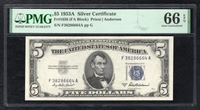 Fr. 1656 1953-A $5 Silver Certificate Note Pmg Gem Uncirculated-66Epq
