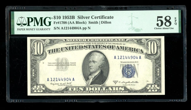 DBR 1953-B $10 Silver Fr. 1708 PMG 58 EPQ Serial A12144904A