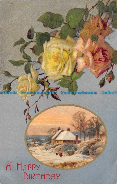 R162259 Greetings. A Happy Birthday. House in Snow. Roses. Wildt and Kray. 1906