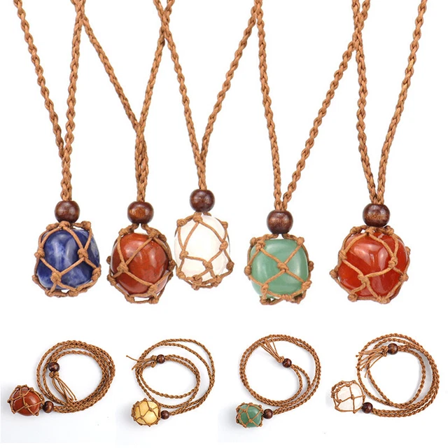 Gemstone Pendant Necklace Chakra Natural Crystal Stone Hand Woven Rope Jewelry 2