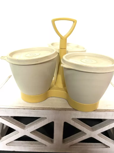 Vintage TUPPERWARE Condiment Caddy Set~Almond, Harvest Gold w/Bowls & Lids