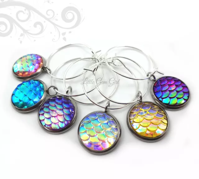 Set of 6 Dragon or Mermaid Scale Wine Glass Charms in Rainbow Colors Beach Theme