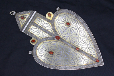 Turkmen Silver Carnelian Stone Asyk Large Heart Shape Gold Gilded Pendant, #P03